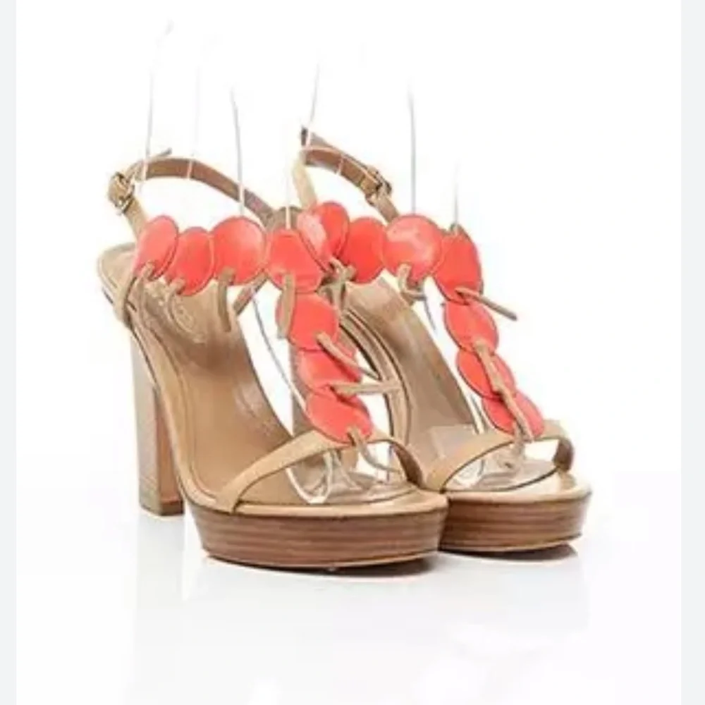 Sergio Rossi Coral Orange Frilled Leather Platform Open Toe Italian Sandals 37.5 - Picture 5 of 16